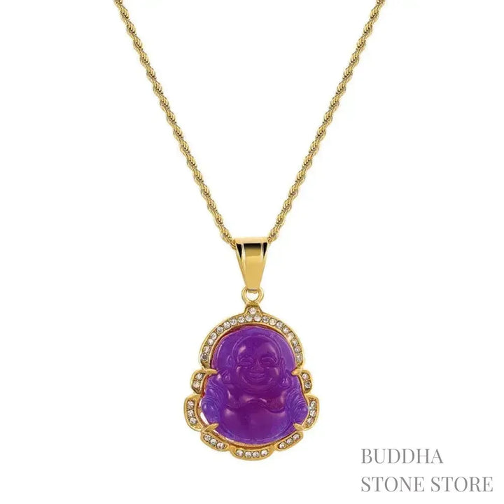 BWOOOH 18K Gold Filled Laughing Buddha Jade Luck Necklace Chain Pendant. Features a polished green jade Laughing Buddha figurine on an 18K gold-filled chain, adorned with a rhinestone accent. This spiritual jewelry piece symbolizes prosperity and happiness, measuring 45+7cm length with a 3.6*2.8cm pendant. - View 18