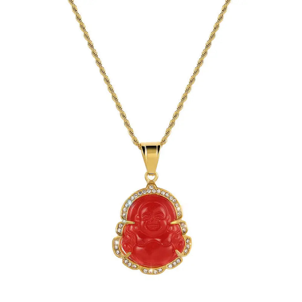 Buddha Stones 18K Gold Filled Laughing Buddha Jade Luck Necklace Chain Pendant - BWOOOH - Red - Necklaces &amp; Pendants