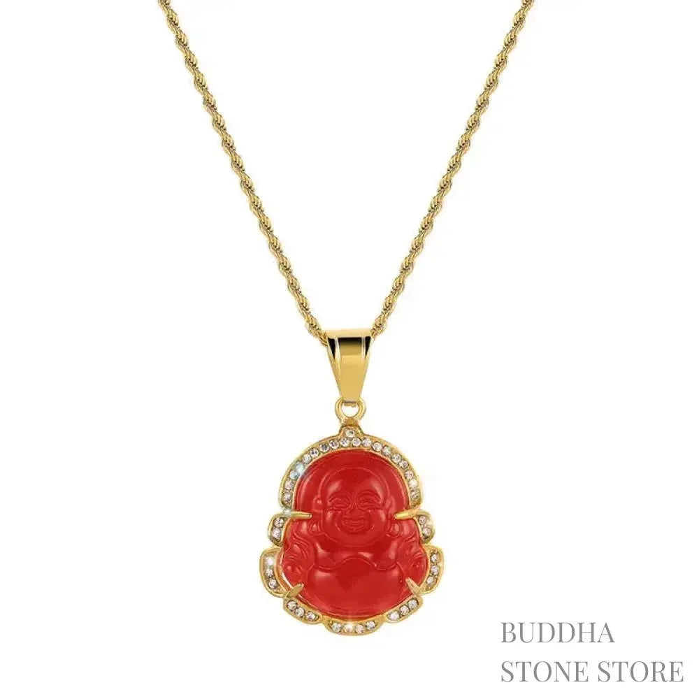 BWOOOH 18K Gold Filled Laughing Buddha Jade Luck Necklace Chain Pendant. Features a polished green jade Laughing Buddha figurine on an 18K gold-filled chain, adorned with a rhinestone accent. This spiritual jewelry piece symbolizes prosperity and happiness, measuring 45+7cm length with a 3.6*2.8cm pendant. - View 11