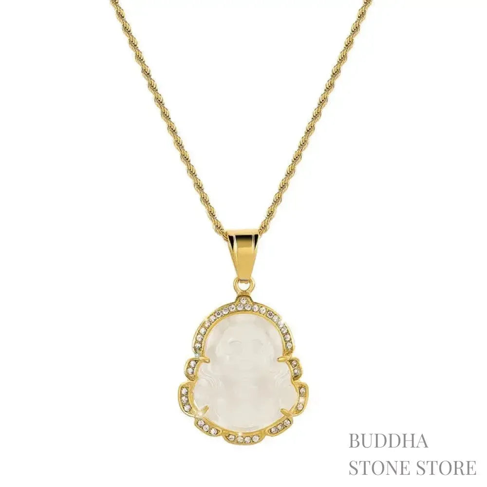 BWOOOH 18K Gold Filled Laughing Buddha Jade Luck Necklace Chain Pendant. Features a polished green jade Laughing Buddha figurine on an 18K gold-filled chain, adorned with a rhinestone accent. This spiritual jewelry piece symbolizes prosperity and happiness, measuring 45+7cm length with a 3.6*2.8cm pendant. - View 7