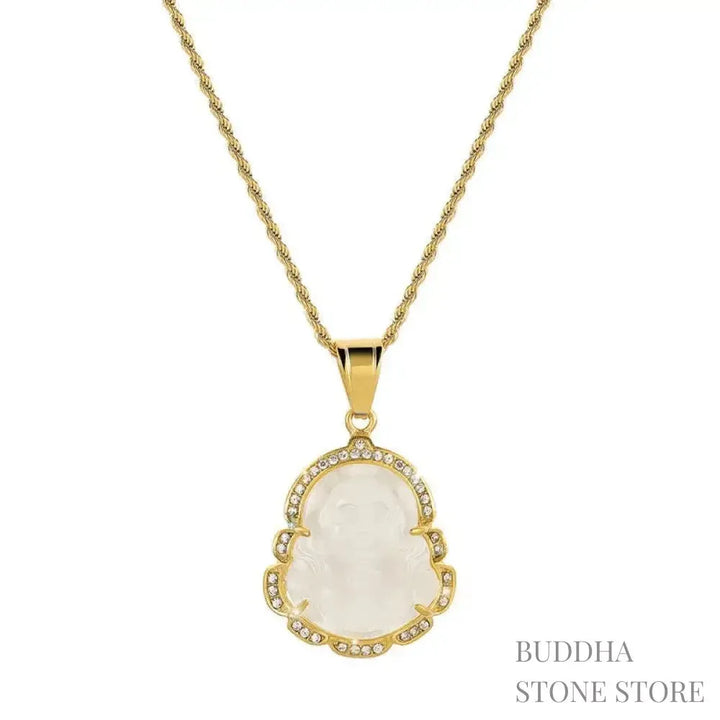 BWOOOH 18K Gold Filled Laughing Buddha Jade Luck Necklace Chain Pendant. Features a polished green jade Laughing Buddha figurine on an 18K gold-filled chain, adorned with a rhinestone accent. This spiritual jewelry piece symbolizes prosperity and happiness, measuring 45+7cm length with a 3.6*2.8cm pendant. - View 7