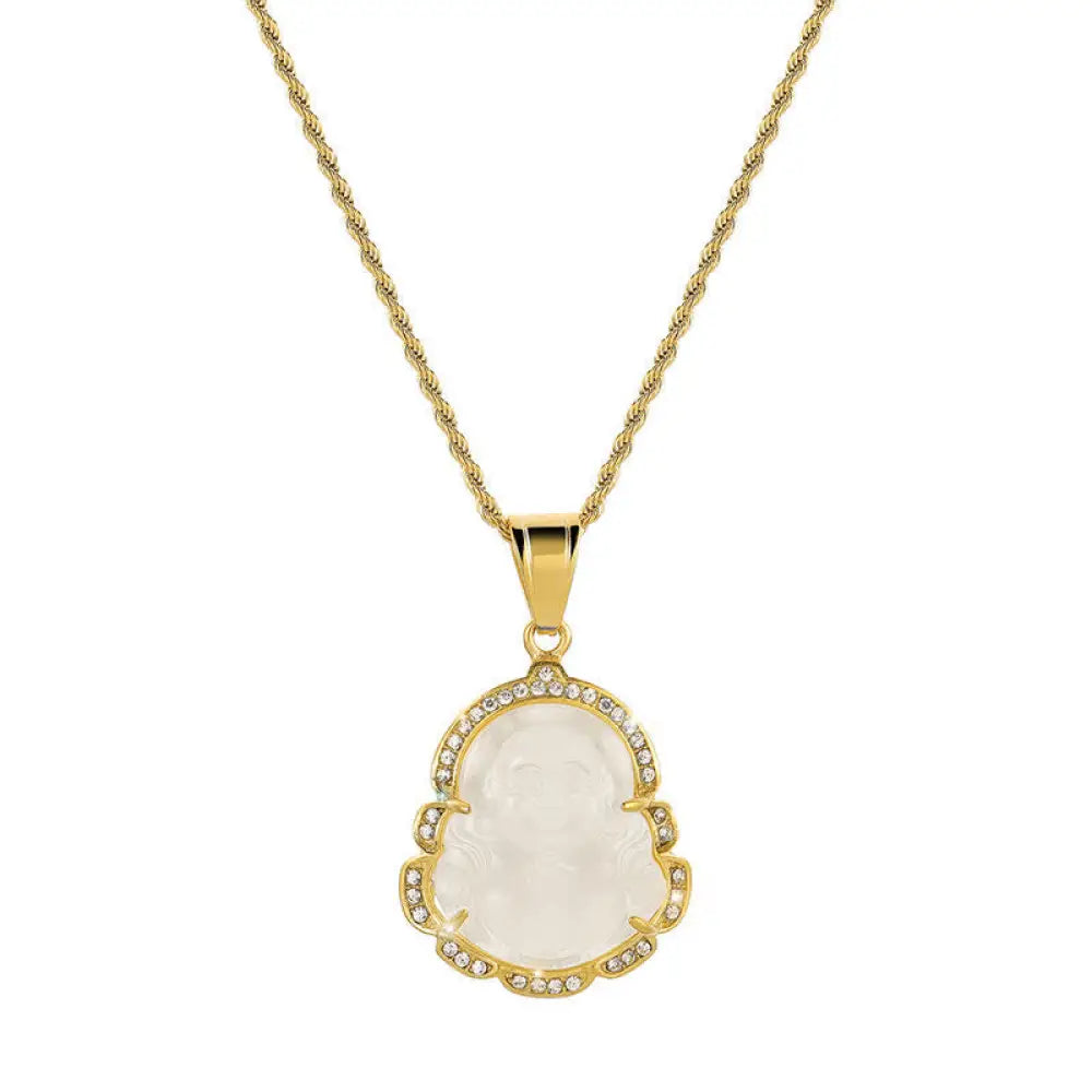 Buddha Stones 18K Gold Filled Laughing Buddha Jade Luck Necklace Chain Pendant - BWOOOH - White - Necklaces &amp; Pendants