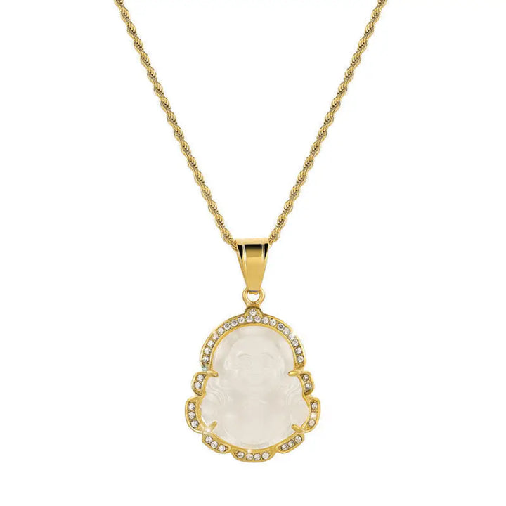Buddha Stones 18K Gold Filled Laughing Buddha Jade Luck Necklace Chain Pendant - BWOOOH - White - Necklaces &amp; Pendants