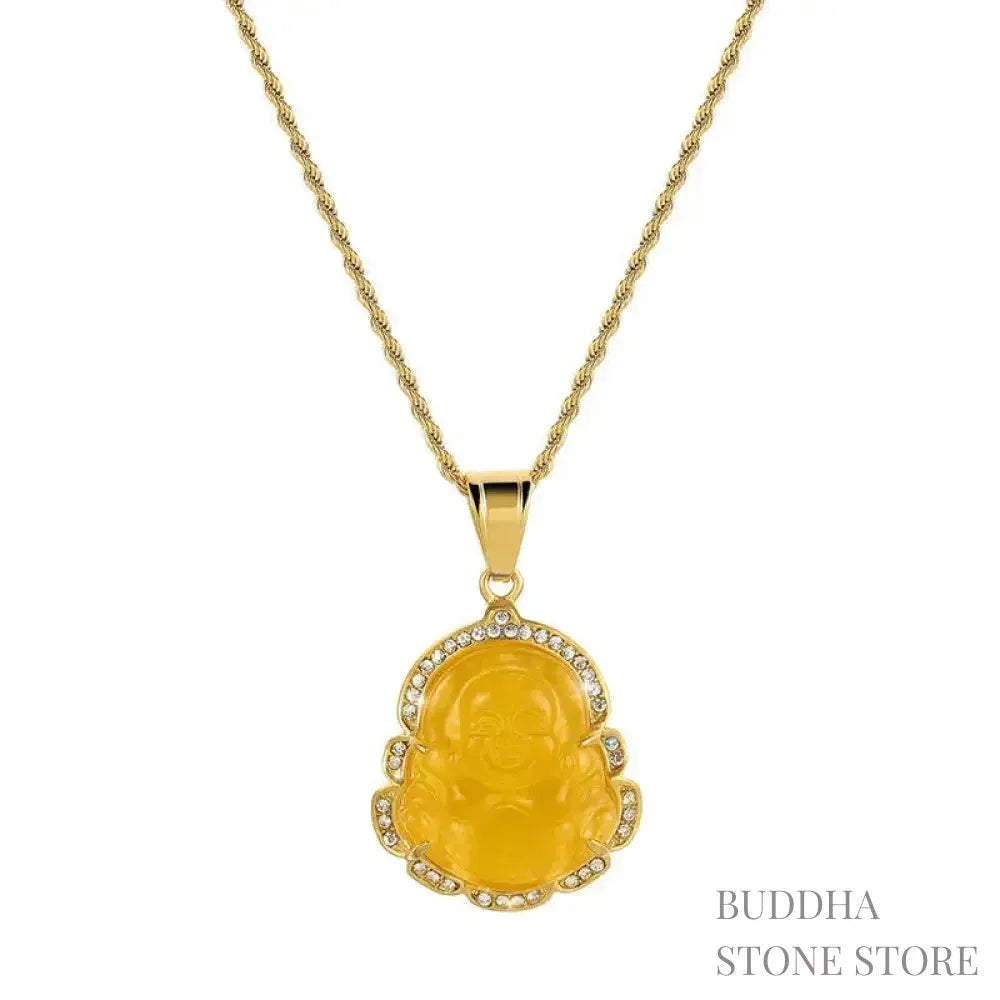 BWOOOH 18K Gold Filled Laughing Buddha Jade Luck Necklace Chain Pendant. Features a polished green jade Laughing Buddha figurine on an 18K gold-filled chain, adorned with a rhinestone accent. This spiritual jewelry piece symbolizes prosperity and happiness, measuring 45+7cm length with a 3.6*2.8cm pendant. - View 17