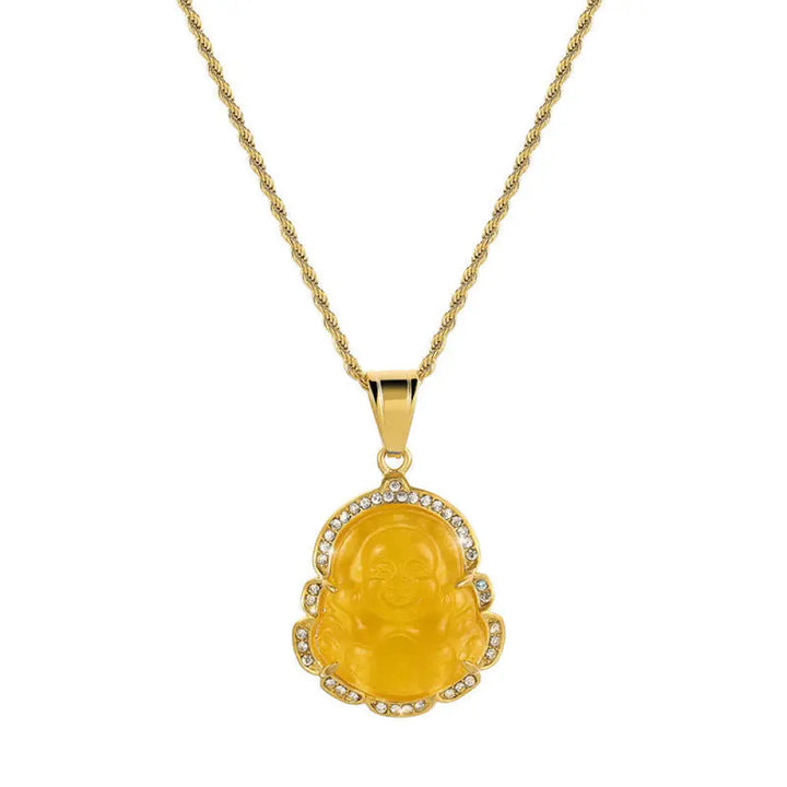 Buddha Stones 18K Gold Filled Laughing Buddha Jade Luck Necklace Chain Pendant - BWOOOH - Yellow - Necklaces &amp; Pendants