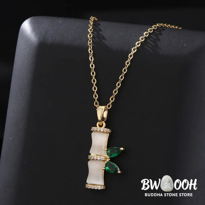 Buddha Stones 18K Gold Plated Chalcedony Bamboo Rhinestones Harmony Necklace Pendant - BWOOOH