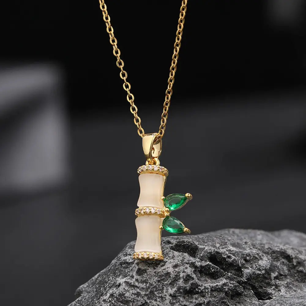 BWOOOH 18K Gold Plated Chalcedony Bamboo Rhinestones Harmony Necklace Pendant
