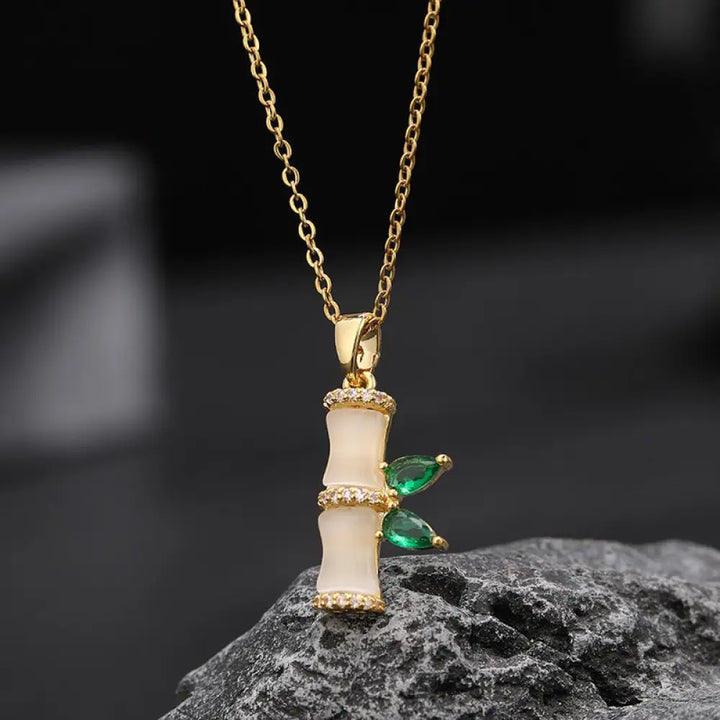 BWOOOH 18K Gold Plated Chalcedony Bamboo Rhinestones Harmony Necklace Pendant