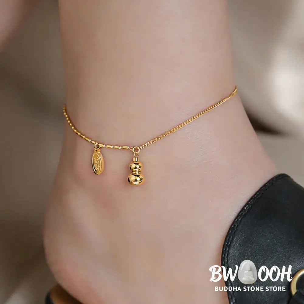 Buddha Stones 18k Gold Plated Copper Lucky Gourd Design Wealth Buckle Anklet - 21-27cm - Anklet