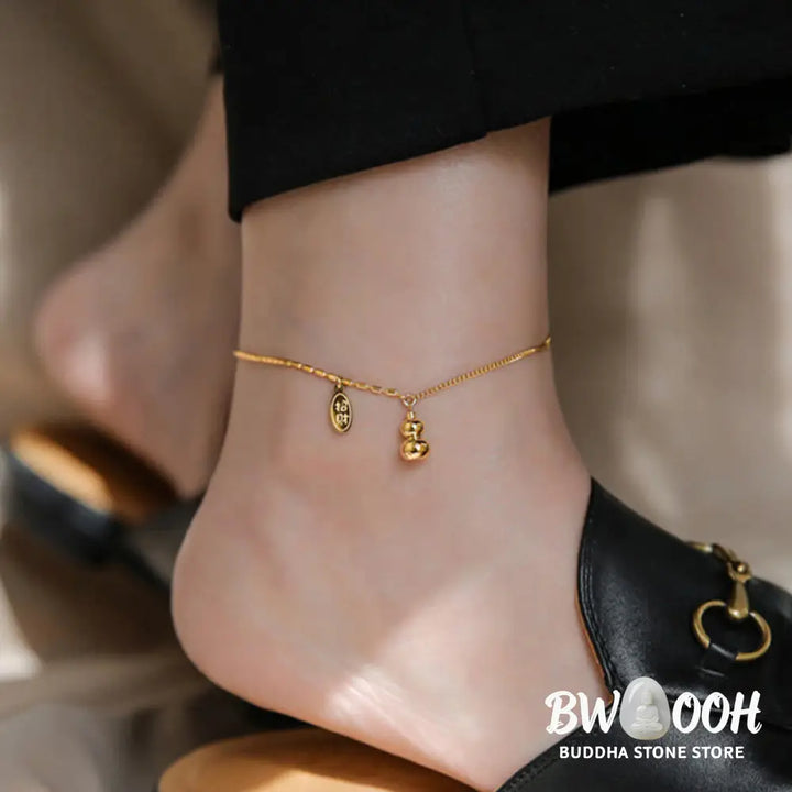 Buddha Stones 18k Gold Plated Copper Lucky Gourd Design Wealth Buckle Anklet - 21-27cm - Anklet