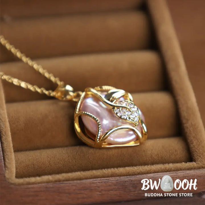 Buddha Stones 18K Gold Plated Copper Natural Baroque Pearl Flower Sincerity Necklace Pendant - BWOOOH - Necklaces &amp;