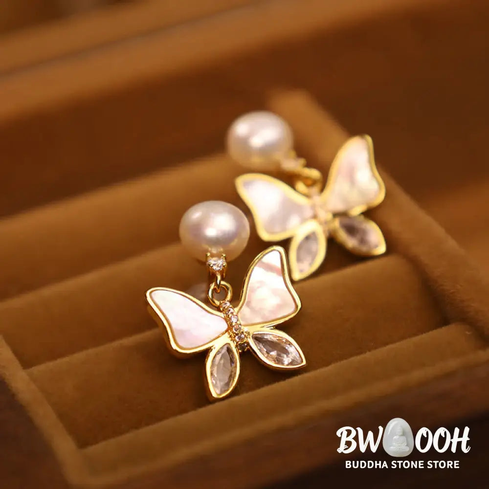 Buddha Stones 18K Gold Plated Copper Natural Shell Pearl Butterfly Sincerity Stud Earrings - Earrings