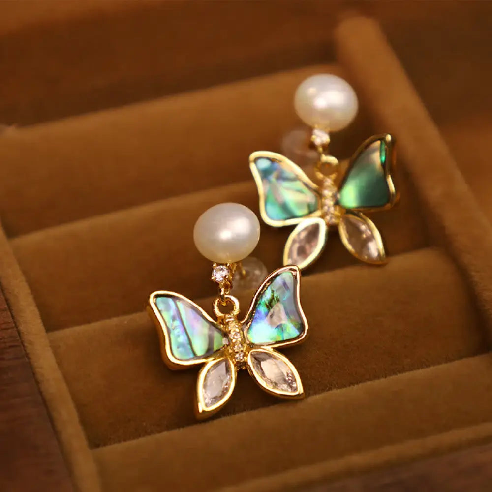 BWOOOH 18K Gold Plated Copper Natural Shell Pearl Butterfly Sincerity Stud Earrings — Gold Plated spiritual jewelry for sp...