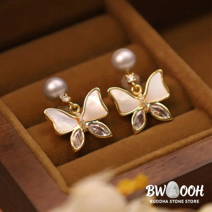 Buddha Stones 18K Gold Plated Copper Natural Shell Pearl Butterfly Sincerity Stud Earrings - Earrings