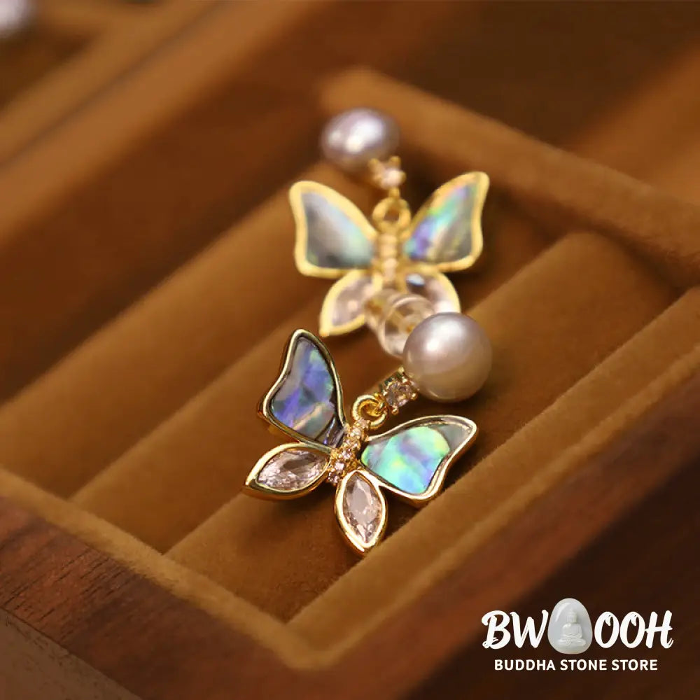 Buddha Stones 18K Gold Plated Copper Natural Shell Pearl Butterfly Sincerity Stud Earrings - Earrings