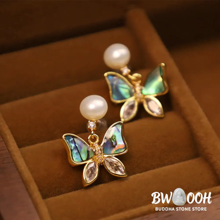 Buddha Stones 18K Gold Plated Copper Natural Shell Pearl Butterfly Sincerity Stud Earrings - Earrings