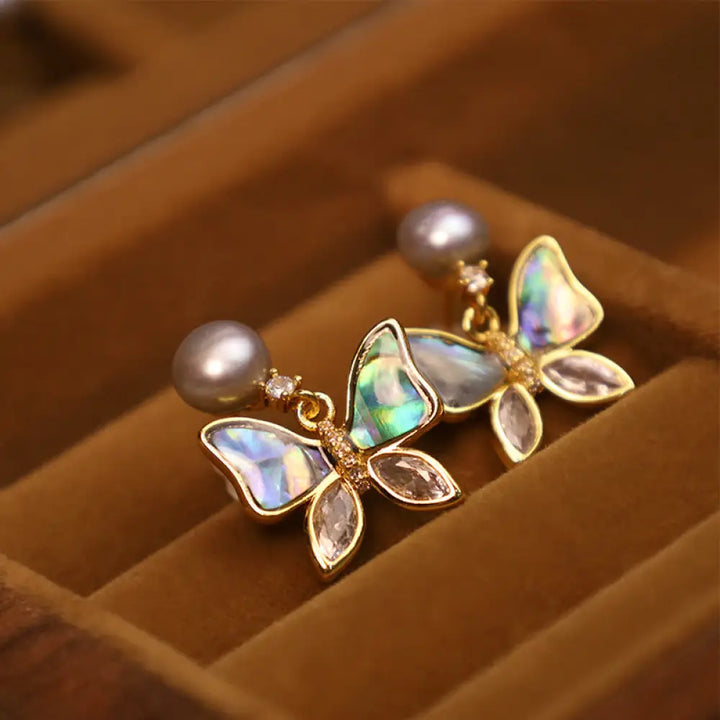 Buddha Stones 18K Gold Plated Copper Natural Shell Pearl Butterfly Sincerity Stud Earrings - Natural Abalone Shell
