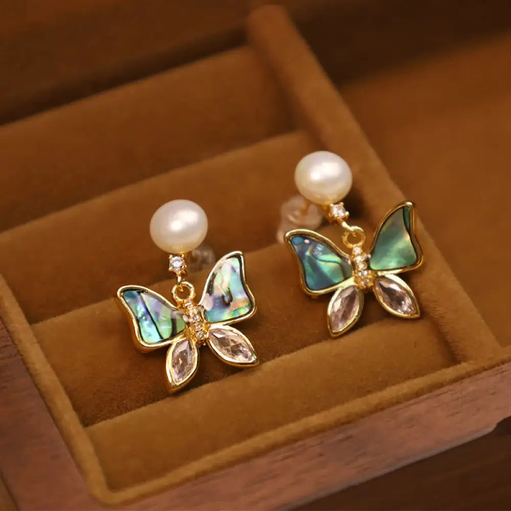 Buddha Stones 18K Gold Plated Copper Natural Shell Pearl Butterfly Sincerity Stud Earrings - Natural Abalone Shell