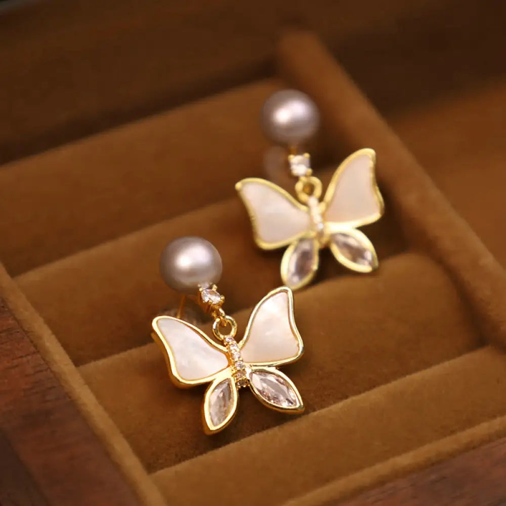 Buddha Stones 18K Gold Plated Copper Natural Shell Pearl Butterfly Sincerity Stud Earrings - Sea Shell / Gray Pearl(925