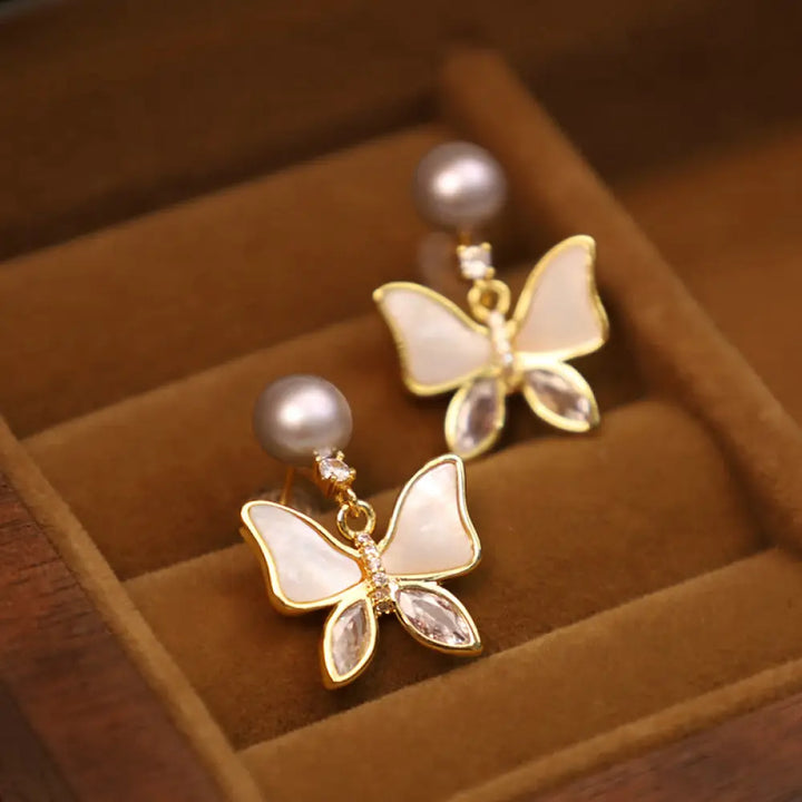 Buddha Stones 18K Gold Plated Copper Natural Shell Pearl Butterfly Sincerity Stud Earrings - Sea Shell / Gray Pearl(925