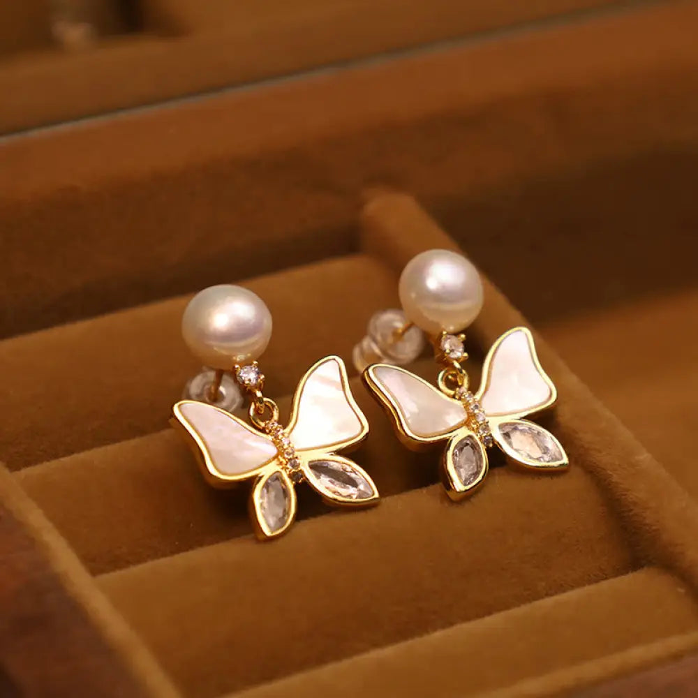 Buddha Stones 18K Gold Plated Copper Natural Shell Pearl Butterfly Sincerity Stud Earrings - Sea Shell / White