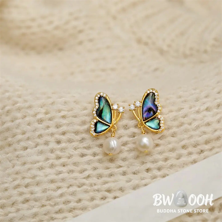 Buddha Stones 18K Gold Plated Copper Pearl Butterfly Love Stud Earrings - Pearl Butterfly(925 Sterling Silver Posts)