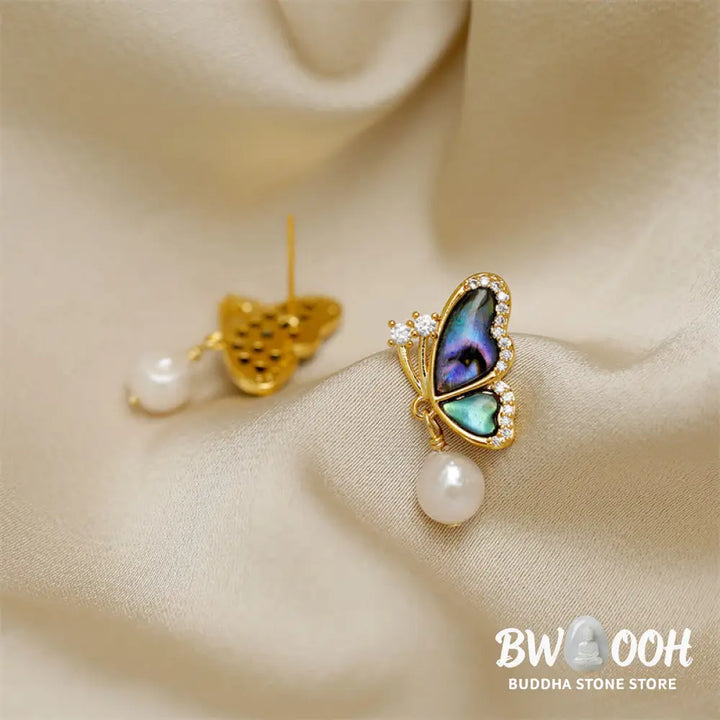 Buddha Stones 18K Gold Plated Copper Pearl Butterfly Love Stud Earrings - Pearl Butterfly(925 Sterling Silver Posts)