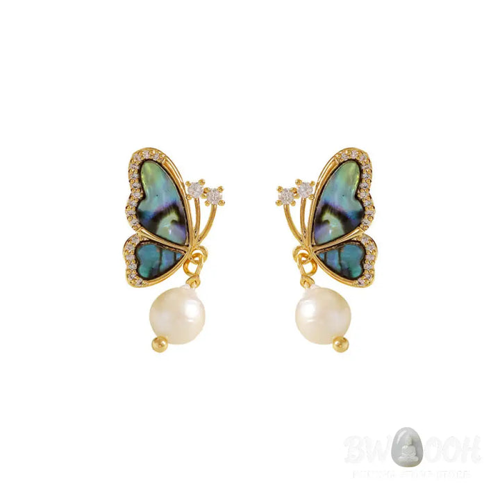 Buddha Stones 18K Gold Plated Copper Pearl Butterfly Love Stud Earrings - Pearl Butterfly(925 Sterling Silver Posts)