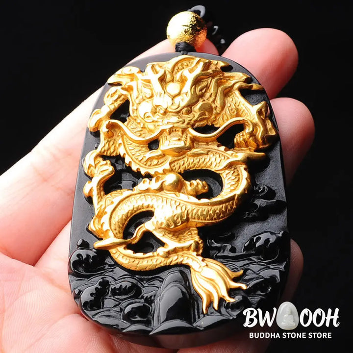 BWOOOH 18k gold-plated dragon obsidian pendant necklace, featuring a carved black obsidian dragon on a golden-hued base, showcasing its protective energy and luxurious finish. - View 4