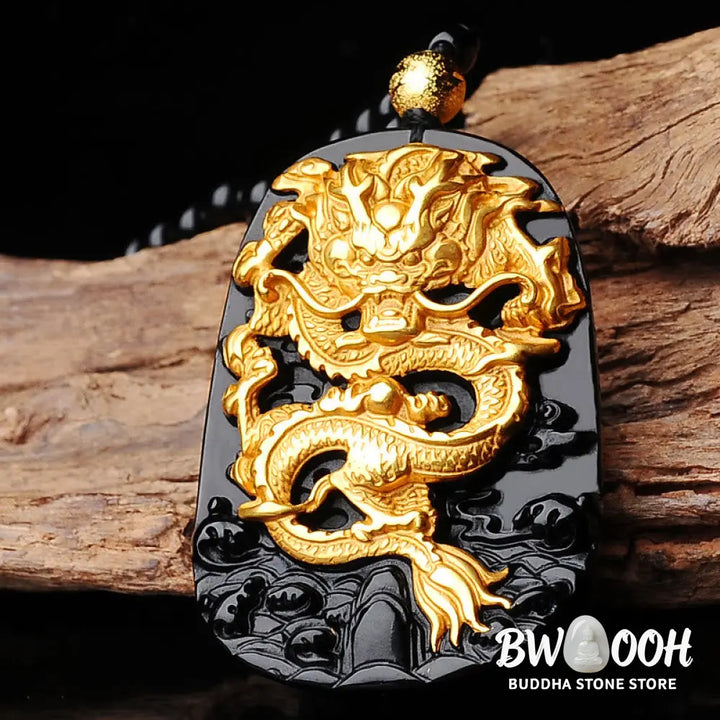 BWOOOH 18k gold-plated dragon obsidian pendant necklace, featuring a carved black obsidian dragon on a golden-hued base, showcasing its protective energy and luxurious finish. - View 3