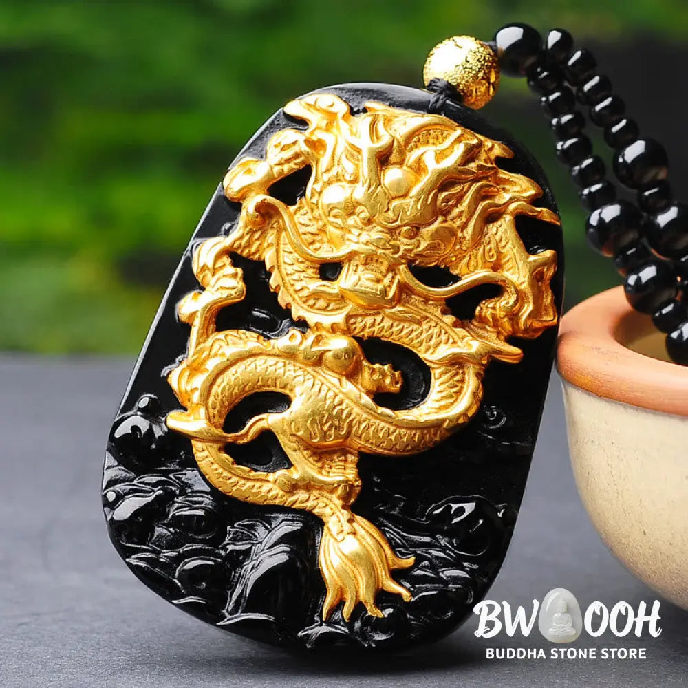 BWOOOH 18k gold-plated dragon obsidian pendant necklace, featuring a carved black obsidian dragon on a golden-hued base, showcasing its protective energy and luxurious finish. - View 2