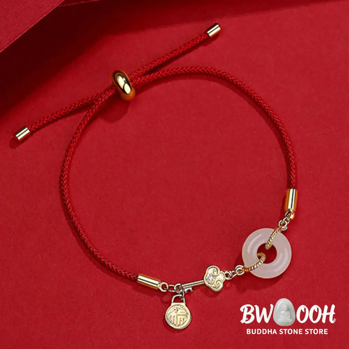 Buddha Stones 18K Gold Plated Hetian Jade Peace Buckle Fu Character Luck Red Rope Bracelet - BWOOOH - 14-22cm - Bracelet
