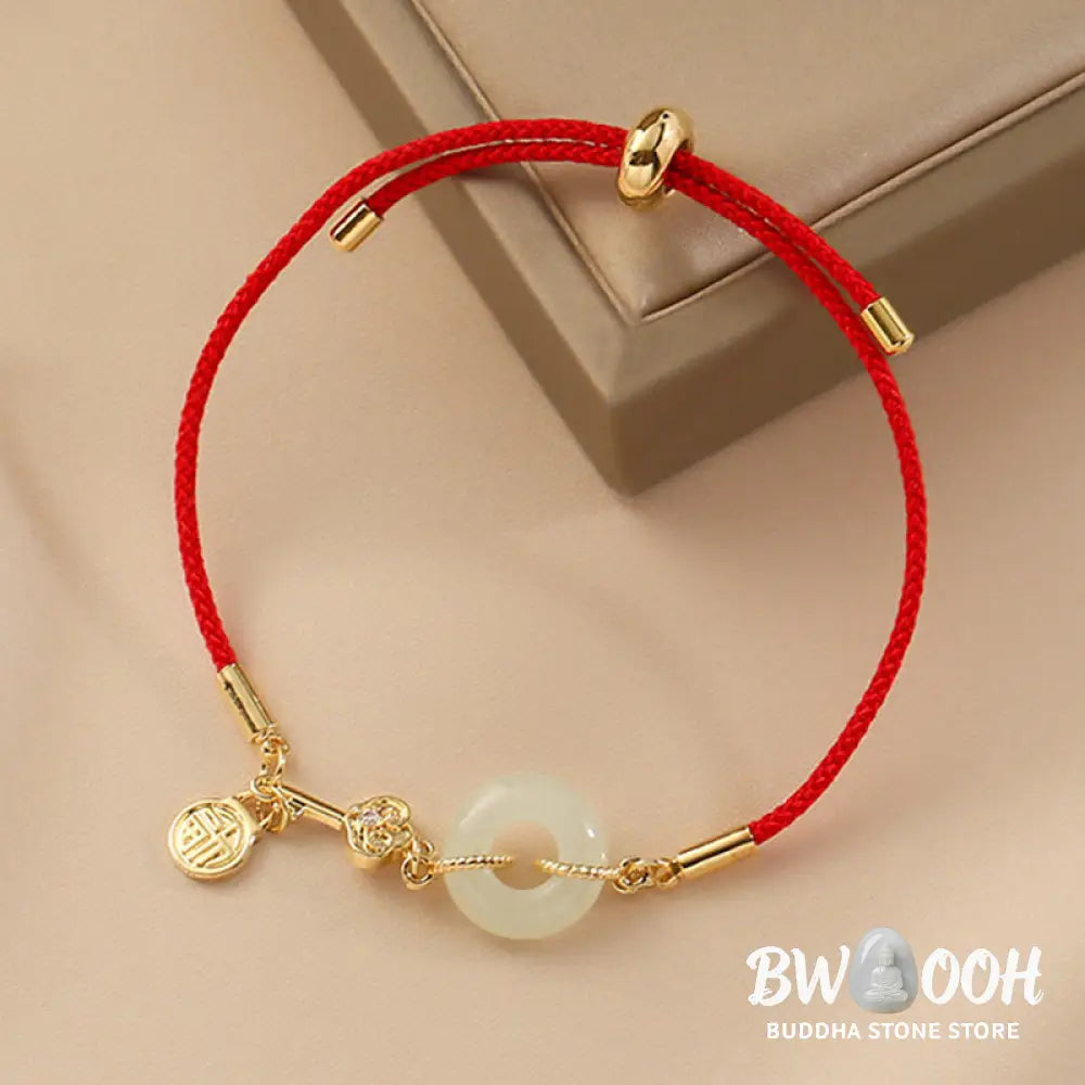 Buddha Stones 18K Gold Plated Hetian Jade Peace Buckle Fu Character Luck Red Rope Bracelet - BWOOOH - 14-22cm - Bracelet
