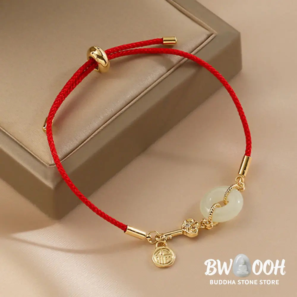 Buddha Stones 18K Gold Plated Hetian Jade Peace Buckle Fu Character Luck Red Rope Bracelet - BWOOOH - 14-22cm - Bracelet
