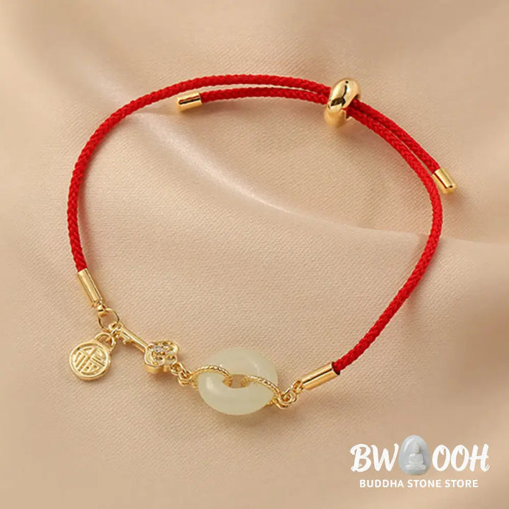 Buddha Stones 18K Gold Plated Hetian Jade Peace Buckle Fu Character Luck Red Rope Bracelet - BWOOOH - 14-22cm - Bracelet