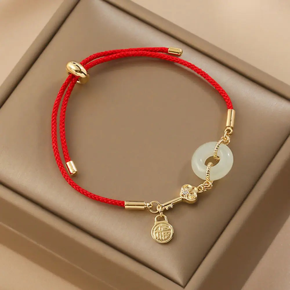 Buddha Stones 18K Gold Plated Hetian Jade Peace Buckle Fu Character Luck Red Rope Bracelet - BWOOOH - 14-22cm - Bracelet