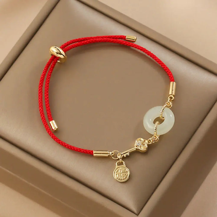 Buddha Stones 18K Gold Plated Hetian Jade Peace Buckle Fu Character Luck Red Rope Bracelet - BWOOOH - 14-22cm - Bracelet