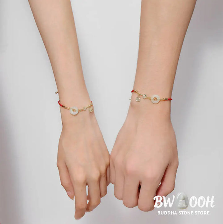 Buddha Stones 18K Gold Plated Hetian Jade Peace Buckle Fu Character Luck Red Rope Bracelet - BWOOOH - 14-22cm - Bracelet