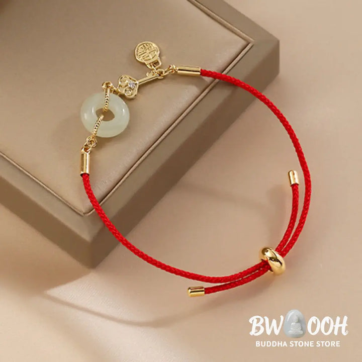 Buddha Stones 18K Gold Plated Hetian Jade Peace Buckle Fu Character Luck Red Rope Bracelet - BWOOOH - 14-22cm - Bracelet