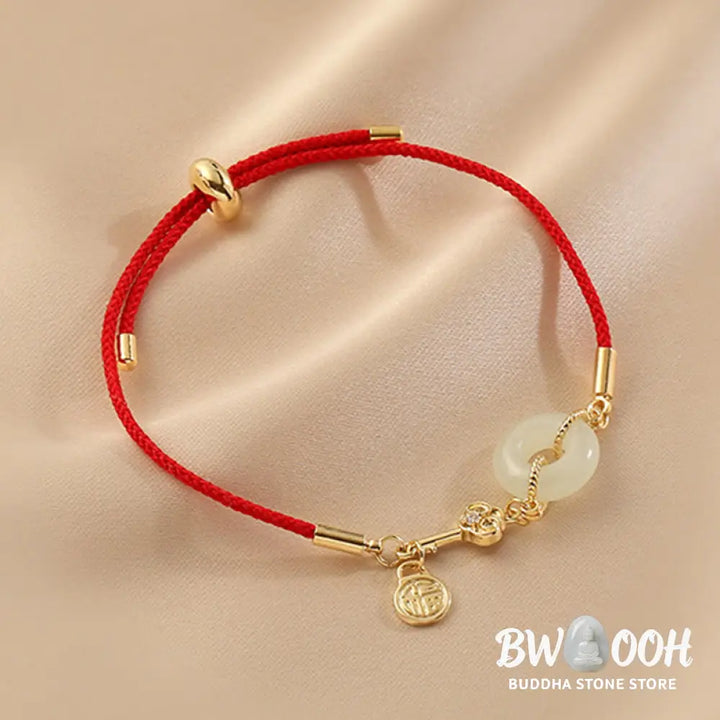 Buddha Stones 18K Gold Plated Hetian Jade Peace Buckle Fu Character Luck Red Rope Bracelet - BWOOOH - 14-22cm - Bracelet