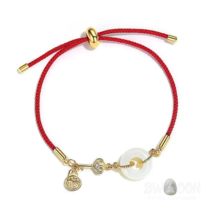 Buddha Stones 18K Gold Plated Hetian Jade Peace Buckle Fu Character Luck Red Rope Bracelet - BWOOOH - 14-22cm - Bracelet