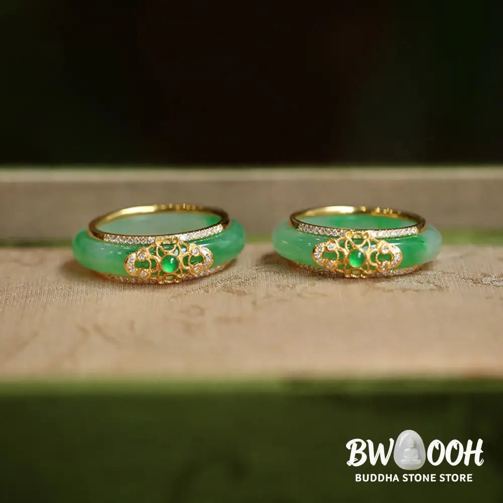 Buddha Stones 18K Gold Plated Natural Green Chalcedony Strength Ring - BWOOOH - Ring