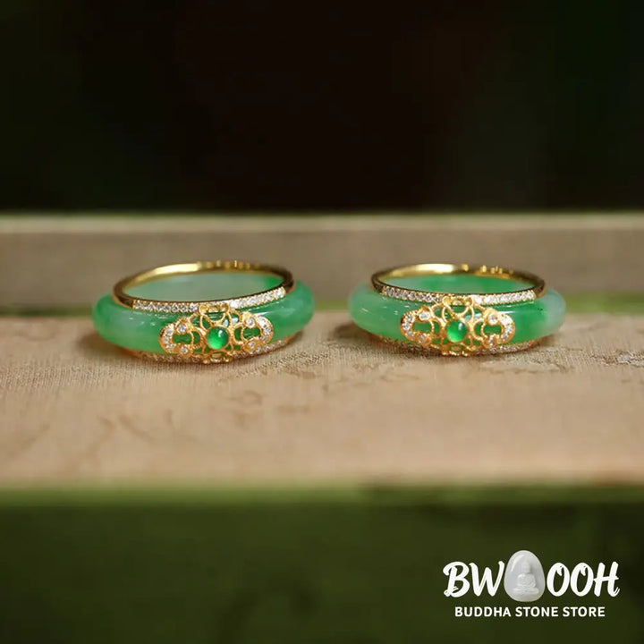Buddha Stones 18K Gold Plated Natural Green Chalcedony Strength Ring - BWOOOH - Ring