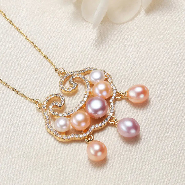 Buddha Stones 18K Gold Plated Natural Pearl Chinese Lock Charm Sincerity Necklace Pendant - BWOOOH - Chinese Lock Charm