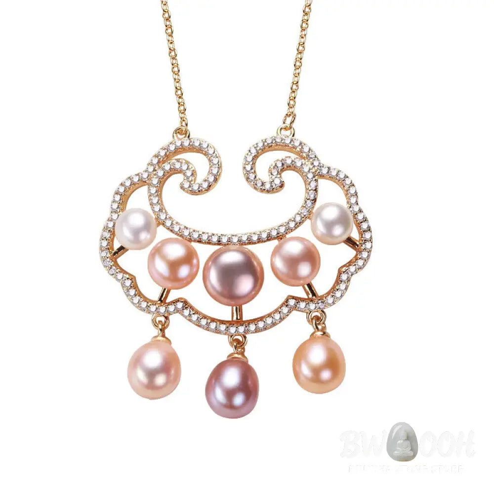 Buddha Stones 18K Gold Plated Natural Pearl Chinese Lock Charm Sincerity Necklace Pendant - BWOOOH - Necklaces &amp;