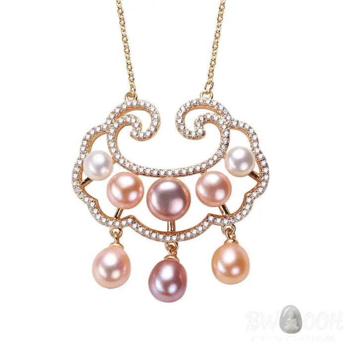 Buddha Stones 18K Gold Plated Natural Pearl Chinese Lock Charm Sincerity Necklace Pendant - BWOOOH - Necklaces &amp;