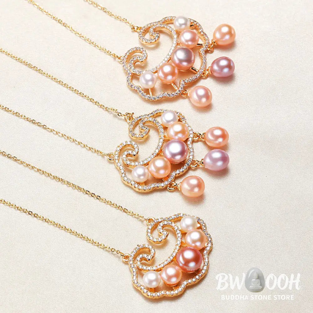 Buddha Stones 18K Gold Plated Natural Pearl Chinese Lock Charm Sincerity Necklace Pendant - BWOOOH - Necklaces &amp;