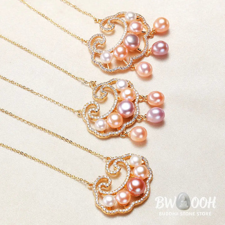 Buddha Stones 18K Gold Plated Natural Pearl Chinese Lock Charm Sincerity Necklace Pendant - BWOOOH - Necklaces &amp;