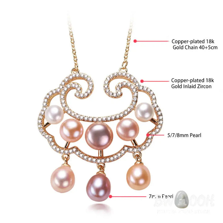 Buddha Stones 18K Gold Plated Natural Pearl Chinese Lock Charm Sincerity Necklace Pendant - BWOOOH - Necklaces &amp;