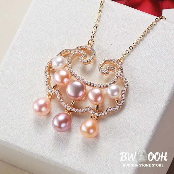 Buddha Stones 18K Gold Plated Natural Pearl Chinese Lock Charm Sincerity Necklace Pendant - BWOOOH - Necklaces &amp;